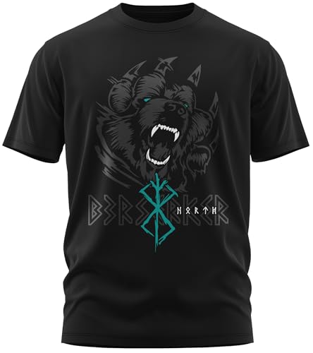 NØRTH Legendary Herren T-Shirt - Bär Björn Krieger Berserker Brust Aufdruck, nordische Wikinger Walhalla Geschenke für Männer, Odin Thor Valhalla Viking Shirt, Farbe:Schwarz/Petrol, Größe:4XL von vanVerden