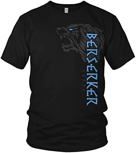 NØRTH Legendary Herren T-Shirt - Berserker Bär Krieger Brust Aufdruck, nordische Wikinger Walhalla Geschenke für Männer, Odin Thor Valhalla Viking Shirt, Farbe:Schwarz/Blau, Größe:3XL von vanVerden