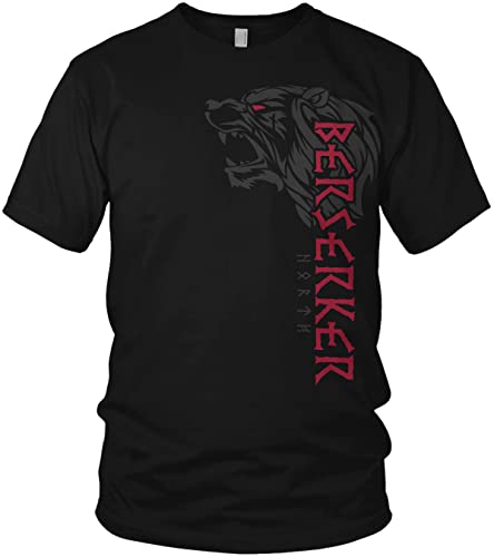 NØRTH Legendary Herren T-Shirt - Berserker Bär Krieger Brust Aufdruck, nordische Wikinger Walhalla Geschenke für Männer, Odin Thor Valhalla Viking Shirt, Farbe:Schwarz/Blutrot, Größe:M von vanVerden