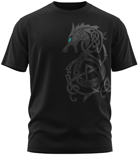 NØRTH Legendary Herren T-Shirt - Fenriswolf 2.0 Fenrir Wolf Brust Aufdruck, nordische Wikinger Walhalla Geschenke für Männer, Odin Thor Valhalla Viking Shirt, Farbe:Schwarz/Petrol, Größe:3XL von vanVerden