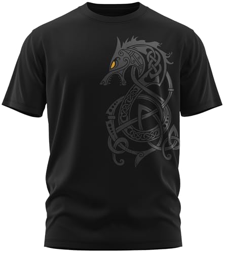 NØRTH Legendary Herren T-Shirt - Fenriswolf 2.0 Fenrir Wolf Brust Aufdruck, nordische Wikinger Walhalla Geschenke für Männer, Odin Thor Valhalla Viking Shirt, Farbe:Schwarz/Gelb, Größe:XXL von vanVerden