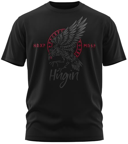 NØRTH Legendary Herren T-Shirt - Odin Rabe Hugin Brust Aufdruck, nordische Wikinger Walhalla Geschenke für Männer, Odin Thor Valhalla Viking Shirt, Farbe:Schwarz/Blutrot, Größe:M von vanVerden