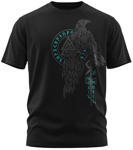 NØRTH Legendary Herren T-Shirt - Hugin und Munin Odin Raben Brust Aufdruck, nordische Wikinger Walhalla Geschenke für Männer, Odin Thor Valhalla Viking Shirt, Farbe:Schwarz/Petrol, Größe:S von vanVerden