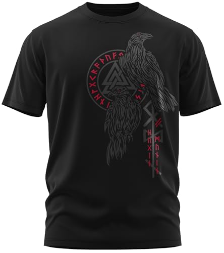 NØRTH Legendary Herren T-Shirt - Hugin und Munin Odin Raben Brust Aufdruck, nordische Wikinger Walhalla Geschenke für Männer, Odin Thor Valhalla Viking Shirt, Farbe:Schwarz/Blutrot, Größe:3XL von vanVerden