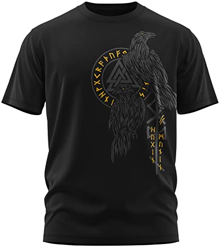 NØRTH Legendary Herren T-Shirt - Hugin und Munin Odin Raben Brust Aufdruck, nordische Wikinger Walhalla Geschenke für Männer, Odin Thor Valhalla Viking Shirt, Farbe:Schwarz/Gelb, Größe:3XL von vanVerden