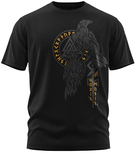 NØRTH Legendary Herren T-Shirt - Hugin und Munin Odin Raben Brust Aufdruck, nordische Wikinger Walhalla Geschenke für Männer, Odin Thor Valhalla Viking Shirt, Farbe:Schwarz/Gelb, Größe:L von vanVerden