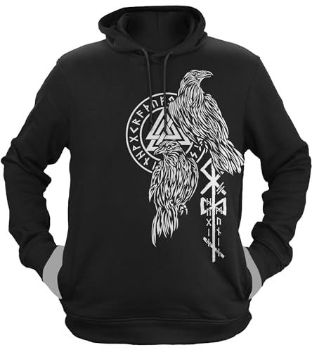 NØRTH Legendary Herren Hoodie mit Kapuze - Hugin und Munin Odin Raben - nordische Wikinger Walhalla Geschenke für Männer, Valhalla Viking Herren Pullover, Farbe:Schwarz/Weiß, Größe:XS von vanVerden