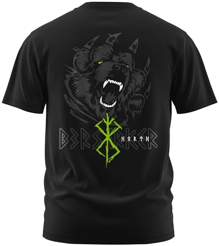 NØRTH Legendary Herren T-Shirt - Bär Björn Krieger Berserker Rücken Design, nordische Wikinger Walhalla Geschenke für Männer, Odin Thor Valhalla Viking Shirt, Farbe:Schwarz/Grün, Größe:5XL von vanVerden