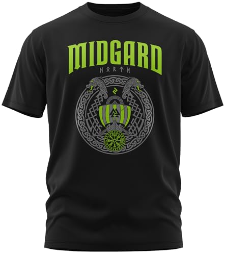 NØRTH Legendary Herren T-Shirt - Midgard - Floki Drachenboot Brust Aufdruck, nordische Wikinger Walhalla Geschenke für Männer, Odin Thor Valhalla Viking Shirt, Farbe:Schwarz/Grün, Größe:L von vanVerden