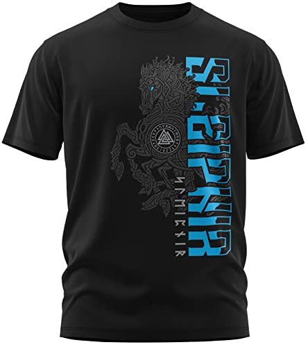 NØRTH Legendary Herren T-Shirt - Sleipnir Pferd 8 Beinen Brust Aufdruck, nordische Wikinger Walhalla Geschenke für Männer, Odin Thor Valhalla Viking Shirt, Farbe:Schwarz/Blau, Größe:XL von vanVerden