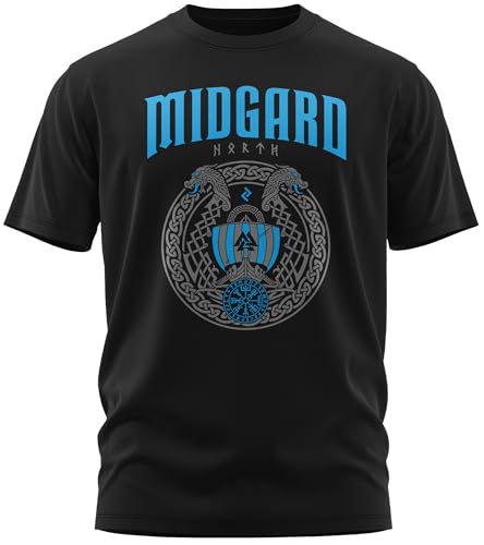 NØRTH Legendary Herren T-Shirt - Midgard - Floki Drachenboot Brust Aufdruck, nordische Wikinger Walhalla Geschenke für Männer, Odin Thor Valhalla Viking Shirt, Farbe:Schwarz/Blau, Größe:4XL von vanVerden