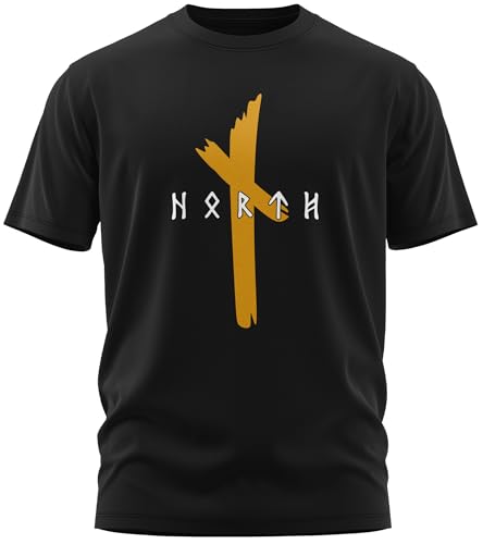 NØRTH Legendary Herren T-Shirt - Original North Runen Logo Brust Aufdruck, nordische Wikinger Walhalla Geschenke für Männer, Odin Thor Valhalla Viking Shirt, Farbe:Schwarz/Gelb, Größe:3XL von vanVerden