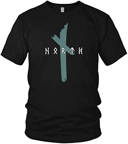 NØRTH Legendary Herren T-Shirt - Original North Runen Logo Brust Aufdruck, nordische Wikinger Walhalla Geschenke für Männer, Odin Thor Valhalla Viking Shirt, Farbe:Schwarz/Petrol, Größe:5XL von vanVerden