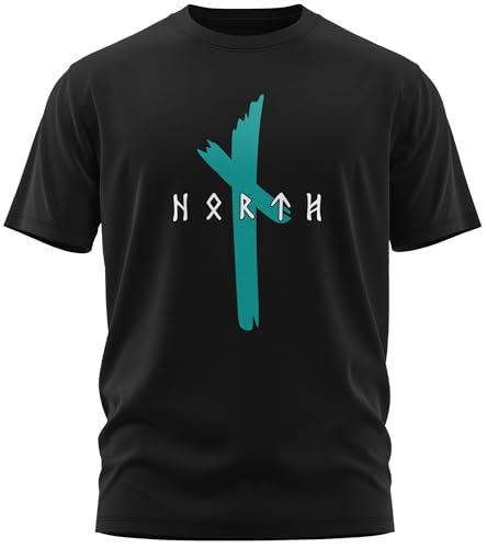 NØRTH Legendary Herren T-Shirt - Original North Runen Logo Brust Aufdruck, nordische Wikinger Walhalla Geschenke für Männer, Odin Thor Valhalla Viking Shirt, Farbe:Schwarz/Petrol, Größe:XXL von vanVerden