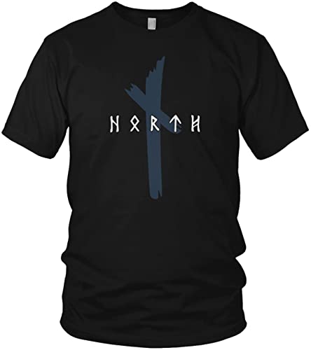 NØRTH Legendary Herren T-Shirt - Original North Runen Logo Brust Aufdruck, nordische Wikinger Walhalla Geschenke für Männer, Odin Thor Valhalla Viking Shirt, Farbe:Schwarz/Blau, Größe:3XL von vanVerden