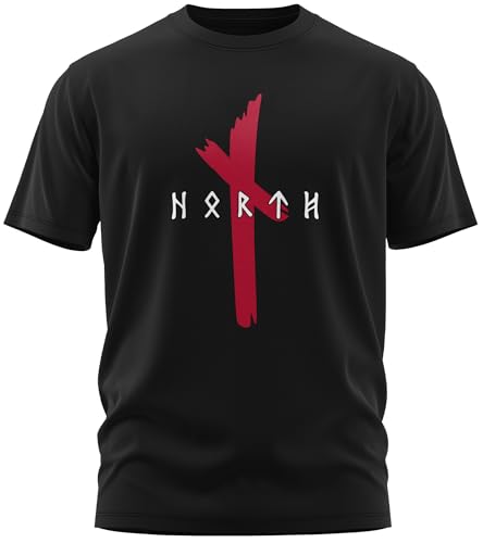 NØRTH Legendary Herren T-Shirt - Original North Runen Logo Brust Aufdruck, nordische Wikinger Walhalla Geschenke für Männer, Odin Thor Valhalla Viking Shirt, Farbe:Schwarz/Blutrot, Größe:3XL von vanVerden