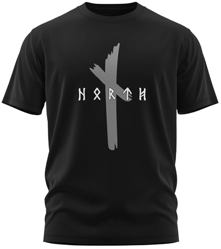 NØRTH Legendary Herren T-Shirt - Original North Runen Logo Brust Aufdruck, nordische Wikinger Walhalla Geschenke für Männer, Odin Thor Valhalla Viking Shirt, Farbe:Schwarz/Stahlgrau, Größe:S von vanVerden