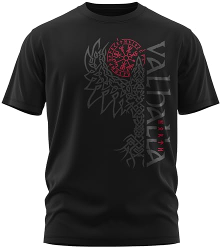 NØRTH Legendary Herren T-Shirt - Valhalla Odin Rabe Hugin Munin Brust Aufdruck, nordische Wikinger Walhalla Geschenke für Männer, Odin Thor Valhalla Viking Shirt, Farbe:Schwarz/Blutrot, Größe:M von vanVerden