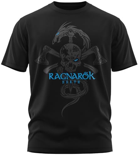 NØRTH Legendary Herren T-Shirt - Ragnarök Totenkopf Brust Aufdruck, nordische Wikinger Walhalla Geschenke für Männer, Odin Thor Valhalla Viking Shirt, Farbe:Schwarz/Blau, Größe:3XL von vanVerden