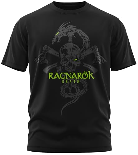 NØRTH Legendary Herren T-Shirt - Ragnarök Totenkopf Brust Aufdruck, nordische Wikinger Walhalla Geschenke für Männer, Odin Thor Valhalla Viking Shirt, Farbe:Schwarz/Grün, Größe:4XL von vanVerden