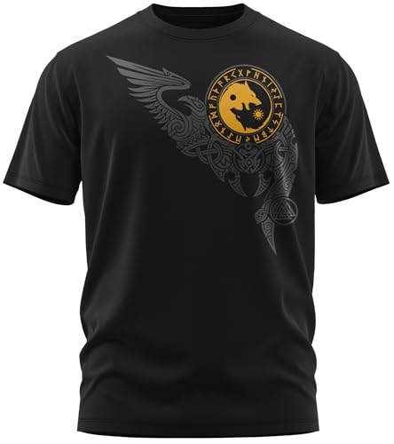 NØRTH Legendary Herren T-Shirt - Wölfe Skalli und Hatti Brust Aufdruck, nordische Wikinger Walhalla Geschenke für Männer, Odin Thor Valhalla Viking Shirt, Farbe:Schwarz/Gelb, Größe:M von vanVerden