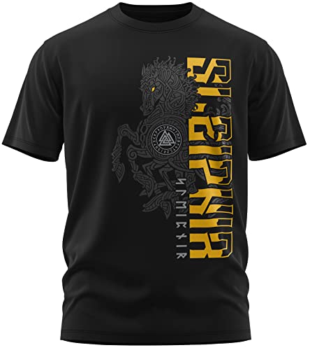 NØRTH Legendary Herren T-Shirt - Sleipnir Pferd 8 Beinen Brust Aufdruck, nordische Wikinger Walhalla Geschenke für Männer, Odin Thor Valhalla Viking Shirt, Farbe:Schwarz/Gelb, Größe:L von vanVerden