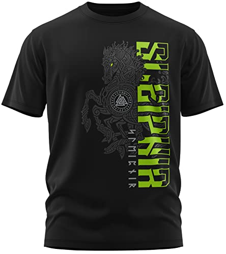 NØRTH Legendary Herren T-Shirt - Sleipnir Pferd 8 Beinen Brust Aufdruck, nordische Wikinger Walhalla Geschenke für Männer, Odin Thor Valhalla Viking Shirt, Farbe:Schwarz/Grün, Größe:L von vanVerden