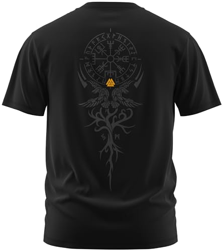 NØRTH Legendary Herren T-Shirt - Vegvisir Weltesche Weltenbaum Rücken Design, nordische Wikinger Walhalla Geschenke für Männer, Odin Thor Valhalla Viking Shirt, Farbe:Schwarz/Gelb, Größe:5XL von vanVerden