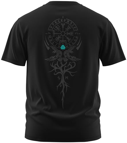 NØRTH Legendary Herren T-Shirt - Vegvisir Weltesche Weltenbaum Rücken Design, nordische Wikinger Walhalla Geschenke für Männer, Odin Thor Valhalla Viking Shirt, Farbe:Schwarz/Petrol, Größe:3XL von vanVerden