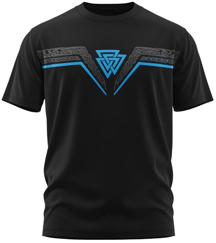 NØRTH Legendary Herren T-Shirt - Valknut Wotansknoten Brust Aufdruck, nordische Wikinger Walhalla Geschenke für Männer, Odin Thor Valhalla Viking Shirt, Farbe:Schwarz/Blau, Größe:M von vanVerden