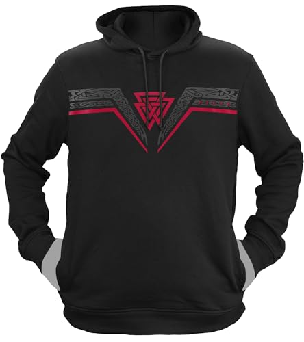 NØRTH Legendary Herren Hoodie mit Kapuze - Valknut Wotansknoten - nordische Wikinger Walhalla Geschenke für Männer, Valhalla Viking Herren Pullover, Farbe:Schwarz/Blutrot, Größe:XS von vanVerden