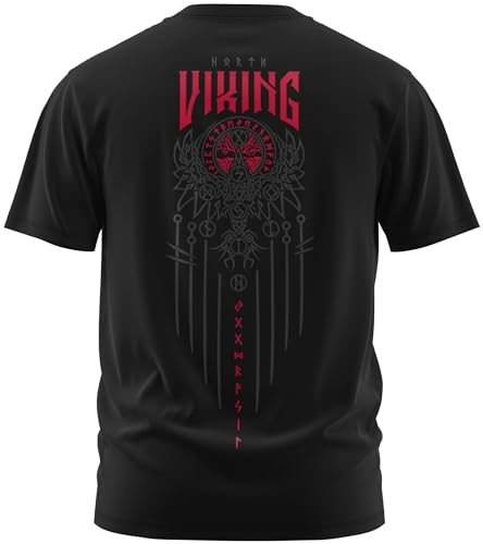 NØRTH Legendary Herren T-Shirt - Yggdrasil 9 Welten Weltenbaum Rücken Design, nordische Wikinger Walhalla Geschenke für Männer, Odin Thor Valhalla Viking Shirt, Farbe:Schwarz/Blutrot, Größe:5XL von vanVerden