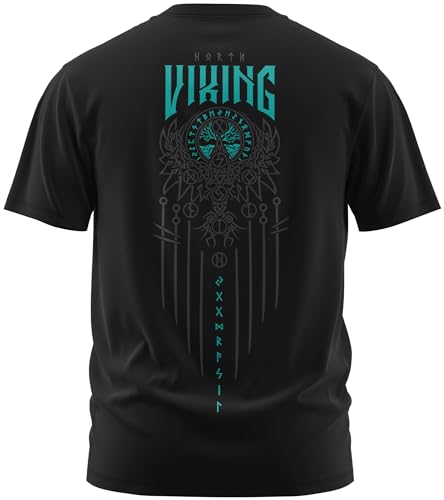 NØRTH Legendary Herren T-Shirt - Yggdrasil 9 Welten Weltenbaum Rücken Design, nordische Wikinger Walhalla Geschenke für Männer, Odin Thor Valhalla Viking Shirt, Farbe:Schwarz/Petrol, Größe:4XL von vanVerden