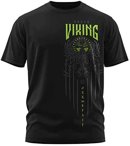 NØRTH Legendary Herren T-Shirt - Yggdrasil 9 Welten Weltenbaum Brust Aufdruck, nordische Wikinger Walhalla Geschenke für Männer, Odin Thor Valhalla Viking, Farbe:Schwarz/Grün, Größe:3XL von vanVerden