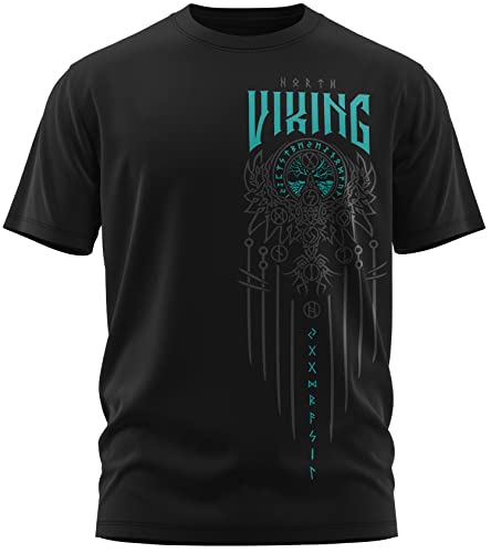 NØRTH Legendary Herren T-Shirt - Yggdrasil 9 Welten Weltenbaum Brust Aufdruck, nordische Wikinger Walhalla Geschenke für Männer, Odin Thor Valhalla Viking, Farbe:Schwarz/Petrol, Größe:3XL von vanVerden