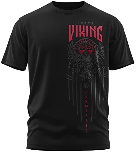 NØRTH Legendary Herren T-Shirt - Yggdrasil 9 Welten Weltenbaum Brust Aufdruck, nordische Wikinger Walhalla Geschenke für Männer, Odin Thor Valhalla Viking, Farbe:Schwarz/Blutrot, Größe:S von vanVerden