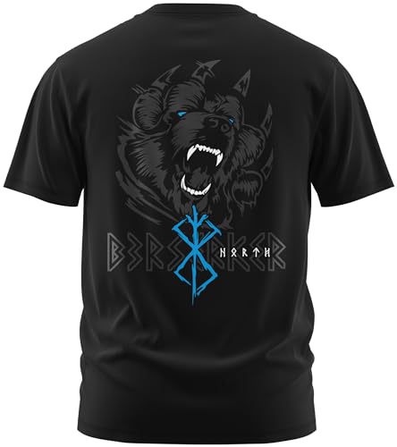 NØRTH Legendary Herren T-Shirt - Bär Björn Krieger Berserker Rücken Design, nordische Wikinger Walhalla Geschenke für Männer, Odin Thor Valhalla Viking Shirt, Farbe:Schwarz/Blau, Größe:M von vanVerden