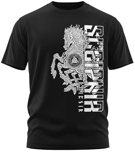 NØRTH Legendary Herren T-Shirt - Sleipnir Pferd 8 Beinen Brust Aufdruck, nordische Wikinger Walhalla Geschenke für Männer, Odin Thor Valhalla Viking Shirt, Farbe:Schwarz/Weiß, Größe:5XL von vanVerden