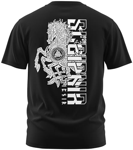 NØRTH Legendary Herren T-Shirt - Sleipnir Pferd 8 Beinen Rücken Design, nordische Wikinger Walhalla Geschenke für Männer, Odin Thor Valhalla Viking Shirt, Farbe:Schwarz/Weiß, Größe:XL von vanVerden