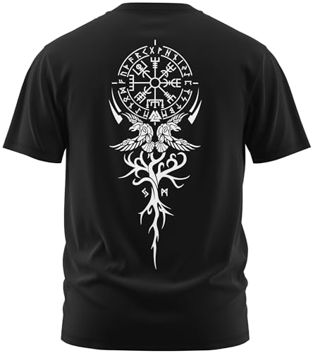 NØRTH Legendary Herren T-Shirt - Vegvisir Weltesche Weltenbaum Rücken Design, nordische Wikinger Walhalla Geschenke für Männer, Odin Thor Valhalla Viking Shirt, Farbe:Schwarz/Weiß, Größe:3XL von vanVerden