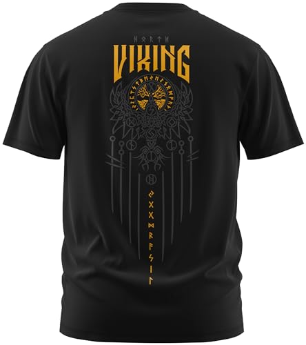 NØRTH Legendary Herren T-Shirt - Yggdrasil 9 Welten Weltenbaum Rücken Design, nordische Wikinger Walhalla Geschenke für Männer, Odin Thor Valhalla Viking Shirt, Farbe:Schwarz/Gelb, Größe:M von vanVerden