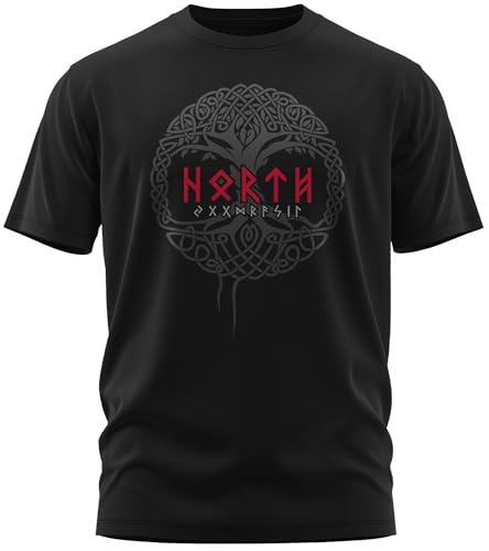 NØRTH Legendary Herren T-Shirt - Yggdrasil - Weltenbaum Brust Aufdruck, nordische Wikinger Walhalla Geschenke für Männer, Odin Thor Valhalla Viking Shirt, Farbe:Schwarz/Blutrot, Größe:4XL von vanVerden