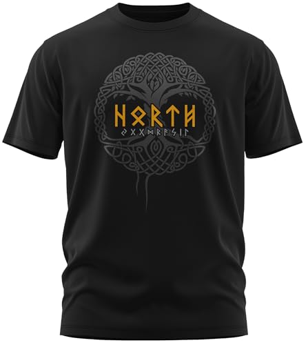 NØRTH Legendary Herren T-Shirt - Yggdrasil - Weltenbaum Brust Aufdruck, nordische Wikinger Walhalla Geschenke für Männer, Odin Thor Valhalla Viking Shirt, Farbe:Schwarz/Gelb, Größe:5XL von vanVerden