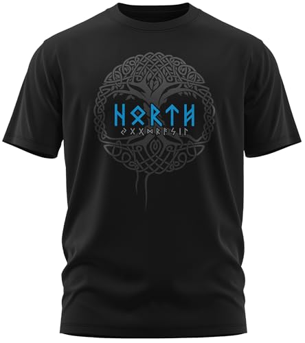 NØRTH Legendary Herren T-Shirt - Yggdrasil - Weltenbaum Brust Aufdruck, nordische Wikinger Walhalla Geschenke für Männer, Odin Thor Valhalla Viking Shirt, Farbe:Schwarz/Blau, Größe:4XL von vanVerden