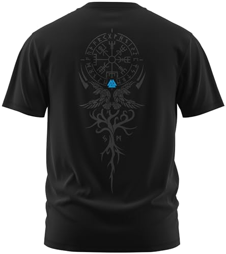 NØRTH Legendary Herren T-Shirt - Vegvisir Weltesche Weltenbaum Rücken Design, nordische Wikinger Walhalla Geschenke für Männer, Odin Thor Valhalla Viking Shirt, Farbe:Schwarz/Blau, Größe:3XL von vanVerden