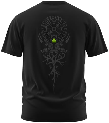 NØRTH Legendary Herren T-Shirt - Vegvisir Weltesche Weltenbaum Rücken Design, nordische Wikinger Walhalla Geschenke für Männer, Odin Thor Valhalla Viking Shirt, Farbe:Schwarz/Grün, Größe:3XL von vanVerden