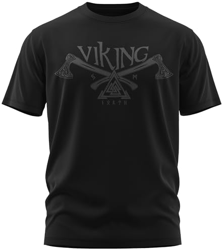 NØRTH Legendary Herren T-Shirt - Valknut Krieger Äxte Brust Aufdruck, nordische Wikinger Walhalla Geschenke für Männer, Odin Thor Valhalla Viking Shirt, Farbe:Schwarz/Schwarz, Größe:L von vanVerden