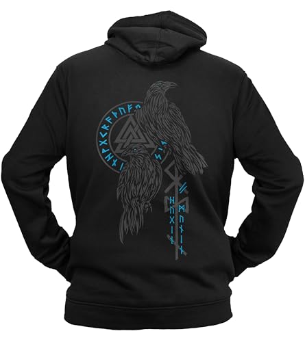 vanVerden NØRTH Legendary Herren Hoodie mit Kapuze - Hugin und Munin Odin Raben Rücken Aufdruck - nordische Wikinger Walhalla Geschenke für Männer, Valhalla Viking, Farbe:Schwarz/Blau, Größe:XXL von vanVerden