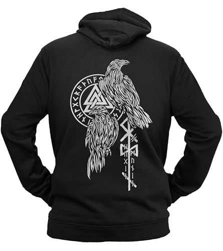 vanVerden NØRTH Legendary Herren Hoodie mit Kapuze - Hugin und Munin Odin Raben Rücken Aufdruck - nordische Wikinger Walhalla Geschenke für Männer, Valhalla Viking, Farbe:Schwarz/Weiß, Größe:L von vanVerden