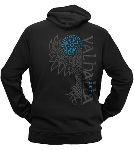 vanVerden NØRTH Legendary Herren Hoodie mit Kapuze - Valhalla Odin Rabe Hugin Munin Rücken Aufdruck - nordische Wikinger Walhalla Geschenke für Männer, Valhalla Viking, Farbe:Schwarz/Blau, Größe:M von vanVerden